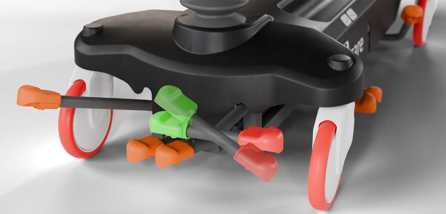 Le freinage centralisé au pied facilite le brancardage